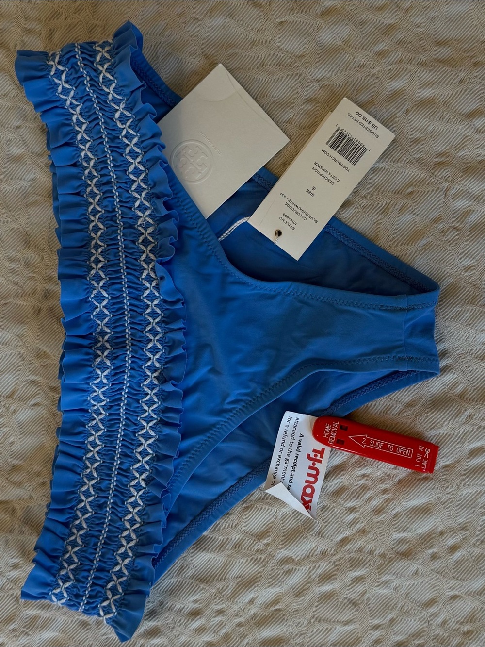 Tory Burch Blue with White Smocked Ruffle Bikini Bottom